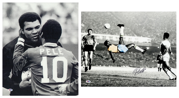 Lot of (2) Pele Signed Iconic 16x20 Photos: Meeting Muhammad Ali & Bicycle Kick (PSA/DNA)